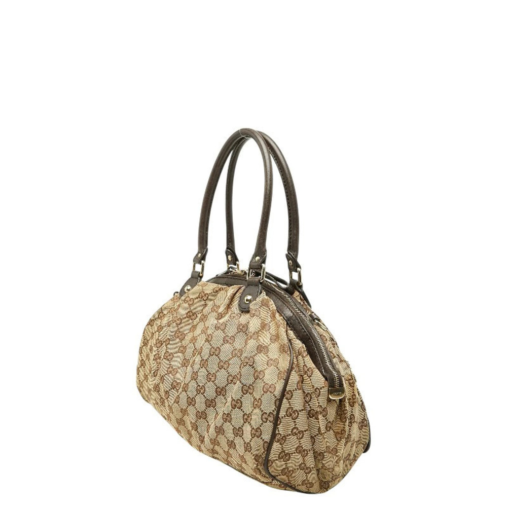 Gucci GG Brown Shoulder Bag Tote Canvas Beige Leather Brown Tan